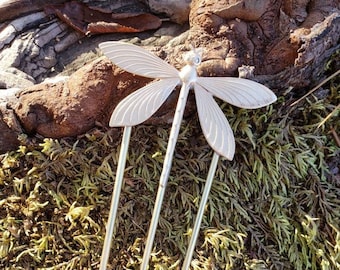Brass dragonfly three prong hairpin