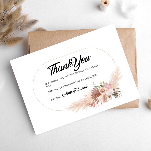 Pastel Rustic Floral Wedding Thank You Card, Wedding Reception Appreciation Greeting Cards, Modern Wedding Post Card Canva Template
