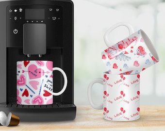 Love Balloon Gnome Sublimation Coffee Mug Template Pink Red Love Hearts Mug Wrap, Love Mug Sublimation Clipart PNG Instant Digital Download