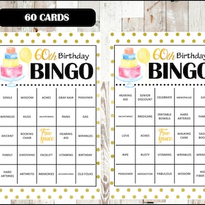 60th Birthday Party Bingo Spiel - 60 verschiedene Karten - Alter Thema Bingo Wörter - halbe Seitengröße - INSTANT DOWNLOAD