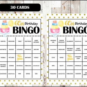 Gioco di Bingo per la festa del 60° compleanno - 30 carte diverse - Parole di Bingo a tema vecchiaia - Formato mezza pagina - DOWNLOAD immediato