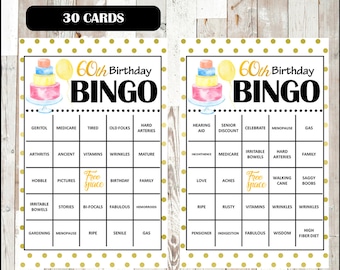 60th Birthday Party Bingo Game - 30 different Cards - Old Age Theme Bingo Words - Half Page Size - INSTANT DOWNLOAD