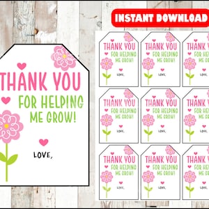 May include: Nine printable gift tags with a pink flower design. The tags say "Thank You for Helping Me Grow!" with a pink heart and the word "Love," in green text.