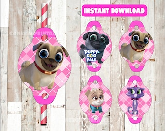 Puppy Dog Pals Straw tags instant download , Puppy Dog Pals Straw tags, Puppy Dog Pals party straw tags