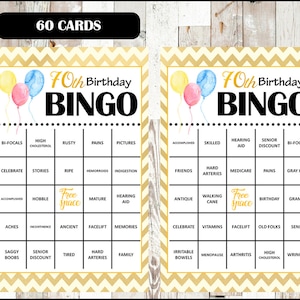 70th Birthday Party Bingo Game - 60 different Cards - Old Age Theme Bingo Words - Half Page Size - INSTANT DOWNLOAD