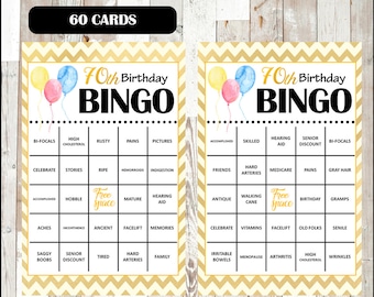 70th Birthday Party Bingo Game - 60 different Cards - Old Age Theme Bingo Words - Half Page Size - INSTANT DOWNLOAD