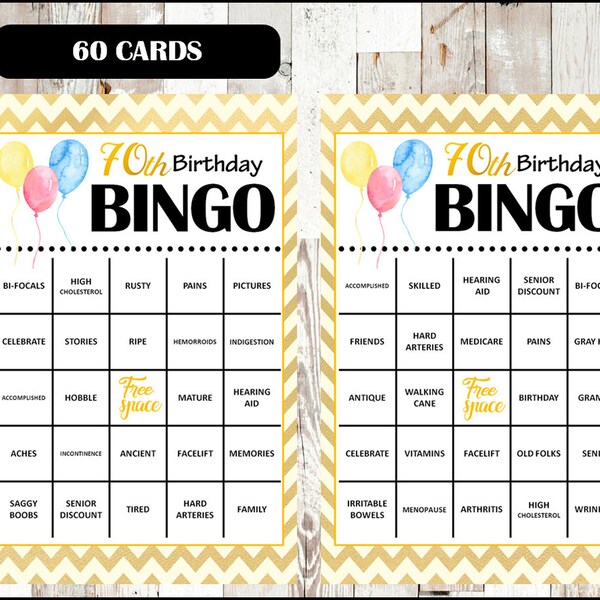 70th Birthday Party Bingo Game - 60 different Cards - Old Age Theme Bingo Words - Half Page Size - INSTANT DOWNLOAD