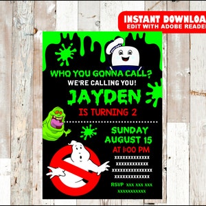 Uitnodiging voor het feest van Ghostbusters, Ghostbusters verjaardagsuitnodiging, aanpasbare sjabloon bewerkbare PDF-bestand dat u vult en afdrukt INSTANT DOWNLOAD