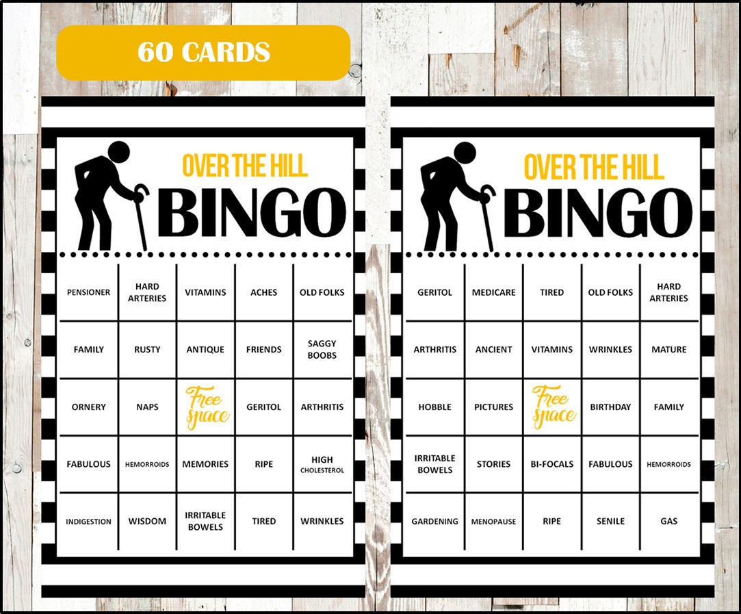Over the Hill Bingo - Birthday Party Bingo Game - 60 different Cards - Old Age Theme Bingo Words - Half Page Size - INSTANT DOWNLOAD