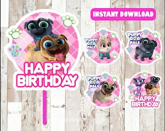 May include: Printable Puppy Dog Pals cake topper set with pink and white background. The set includes a large cake topper with the text "Happy Birthday" and a smaller topper with the text "Puppy Dog Pals".