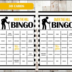 Over the Hill Bingo - Gioco di Bingo per feste di compleanno - 30 carte diverse - Parole di Bingo a tema vecchiaia - Dimensioni mezza pagina - DOWNLOAD IMMEDIATO