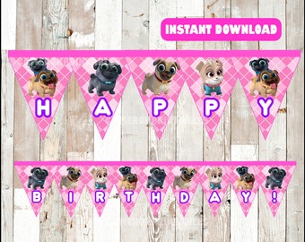 May include: Pink and white triangle banner with the words "Happy Birthday!" in purple letters. Each triangle features a cartoon pug dog.
