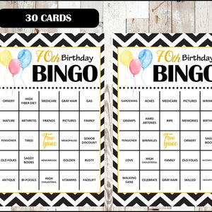 Gioco di Bingo per la festa del 70° compleanno - 30 carte diverse - Parole di Bingo a tema vecchiaia - Formato mezza pagina - DOWNLOAD immediato