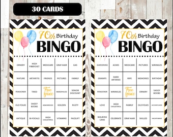 70th Birthday Party Bingo Game - 30 different Cards - Old Age Theme Bingo Words - Half Page Size - INSTANT DOWNLOAD