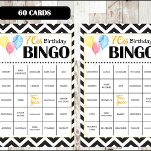 70er Geburtstags Party Bingo Spiel - 60 verschiedene Karten - Alte Bingo Wörter - Halbe Seitengröße - SOFORT DOWNLOAD