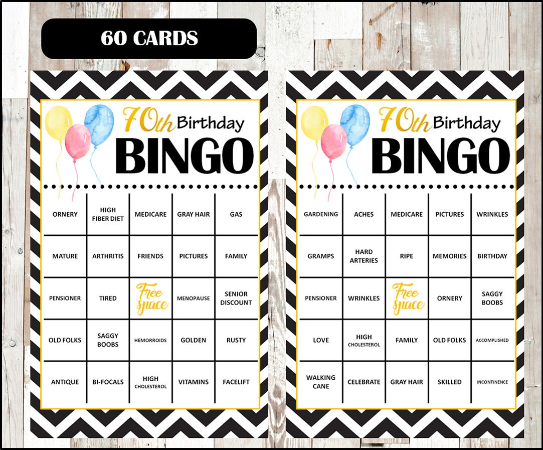 70th Birthday Party Bingo Game 60 different Cards Old Age | Etsy