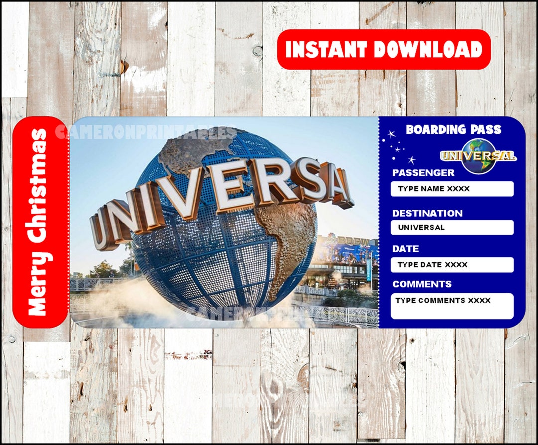 Printable Christmas UNIVERSAL STUDIOS Surprise Trip Ticket, Universal