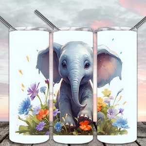 Adorable elefante de acuarela 20 oz Diseños de sublimación de vaso flaco, Naturaleza inspirada para Descarga digital de archivo PNG de vaso recto/cónico