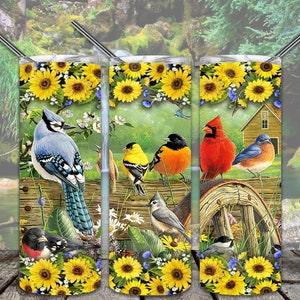 Diseños de sublimación de vaso flaco de 20 oz de Girasol Birds para descarga digital de archivos PNG de vaso recto/cónico
