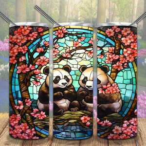 Panda Dinner Out Stained Glass 20oz Skinny Tumbler Sublimation Designs para Straight/Tapered Tumbler Archivo PNG Descarga digital