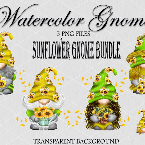 Sunflower Splendor Gnome Family PNG clipart. 5 PNG files Garden gnome watercolor clipart. Instant Digital Download