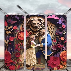 3D Beauty and the Beast Layered Paper 20oz Skinny Tumbler Sublimation Designs for Straight/Tapered Tumbler File PNG Download digitale