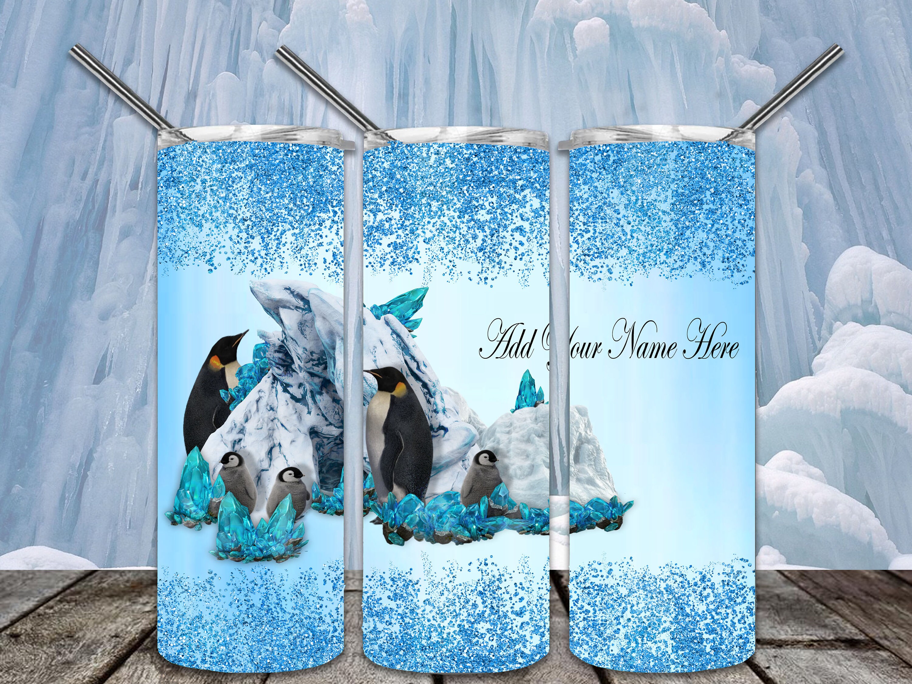 Penguin Blue Glitter Nature  20oz Skinny Tumbler Sublimation Designs Straight/Tapered Tumbler PNG File Digital Download