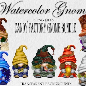 Candy Factory Gnome Family PNG clipart. 7 PNG files Garden gnome watercolor clipart. Instant Digital Download