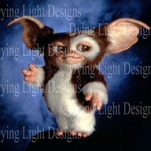 May include: A brown and white furry creature with large ears and big eyes. The creature is standing on a dark surface and has a mischievous expression on its face.
