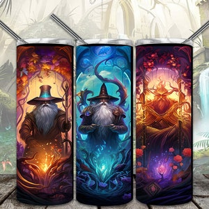 May include: Three stainless steel tumblers with colorful fantasy art designs. Each tumbler features a different character with a wizard hat and a staff. The designs include a fiery orange, a blue and purple, and a red and purple.