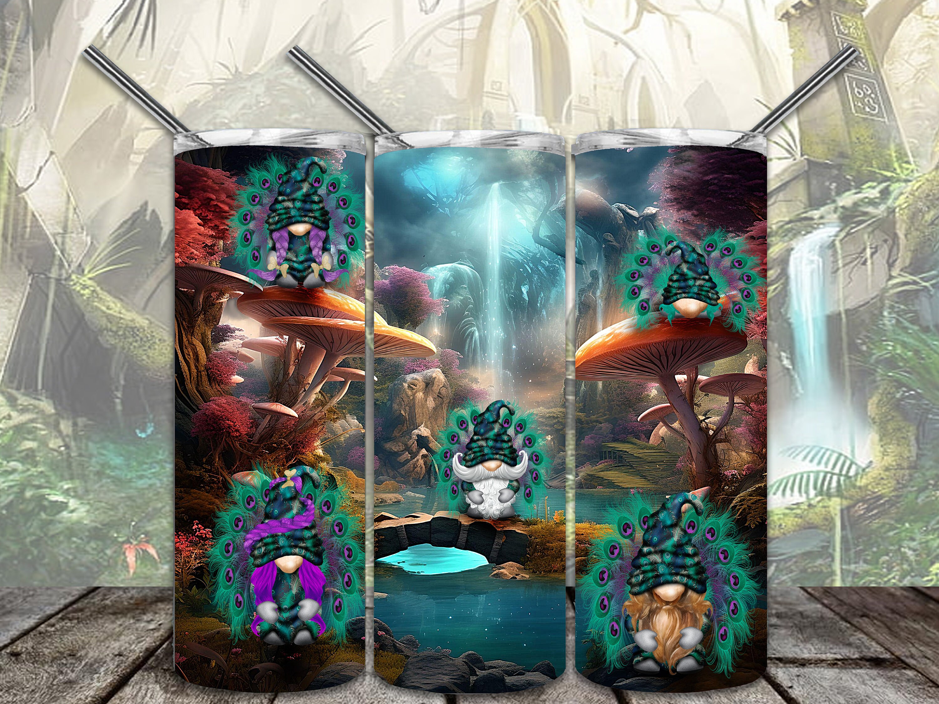 Magical Peacock Gnomes 20oz Skinny Tumbler Sublimation Designs Straight/Tapered Tumbler PNG File Digital Download