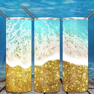 Fale plażowe Ocean Glitter 20oz Skinny Tumbler Sublimacja Wzory na prosty/zwężający się kubek PNG Plik Cyfrowe pobieranie
