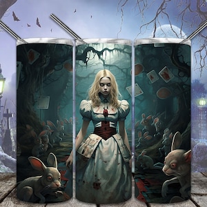 Alicja w Krainie Czarów Horror 20oz Skinny Tumbler Wzory sublimacji dla prostego/zwężanego kubka Plik PNG do pobrania cyfrowego