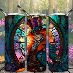Mad Hatter Stained Glass 20oz Skinny Tumbler Sublimation Designs, para Straight/Tapered Tumbler Archivo PNG Descarga digital