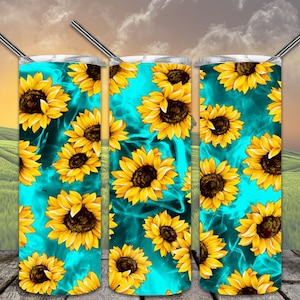 Blauwe zonnebloemen 3d-achtig effect 20oz Skinny Tumbler Sublimatie Ontwerpen voor rechte / taps toelopende Tumbler PNG-bestand Digitale download