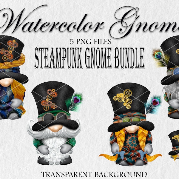 Steampunk Family PNG clipart. 5 PNG files Garden gnome watercolor clipart. Instant Digital Download