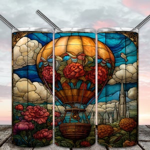 Rose Hot Air Balloon Stained Glass 20oz Skinny Tumbler Sublimation Designs for Straight/Tapered Tumbler PNG File Digital Download