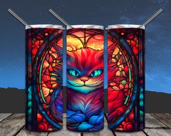 Cheshire Cat Stained Glass 20oz Skinny Tumbler Sublimation Designs, for Straight/Tapered Tumbler PNG File Digital Download