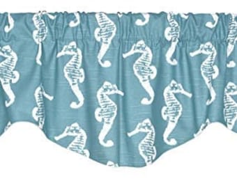 VALANCE SEAHORSE nautical lined shaped valance  52" WIDE X 17" L