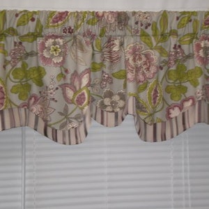 May include: A valance with a scalloped bottom edge features a floral pattern in shades of pink, green, and gray on a light gray background. The valance has a striped border in shades of pink and gray.