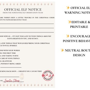 May include: A printable Official Elf Notice from the North Pole Elf Observation Team. The beige paper features lines for notes, a checklist for good behaviour, and a Santa Claus signature. The design also includes a red Express Delivery stamp.