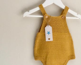 Hand Knitted Cotton Baby Romper: Mustard Yellow Overalls