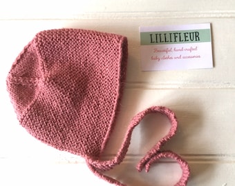 Knitted baby bonnet/hand knitted newborn bonnet/newborn baby gift set/baby shower gift/alpaca baby bonnet/organic baby hat