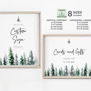 Plantilla de signo de tarjetas y regalos, descarga digital de signo personalizado editable, bosque, pino, descarga instantánea, Templett