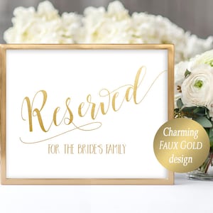 Reserved Sign Template Editable Reserved Printable Wedding Sign Reserved Table Sign DIY Wedding Faux Gold Design Reserved for Family Sign