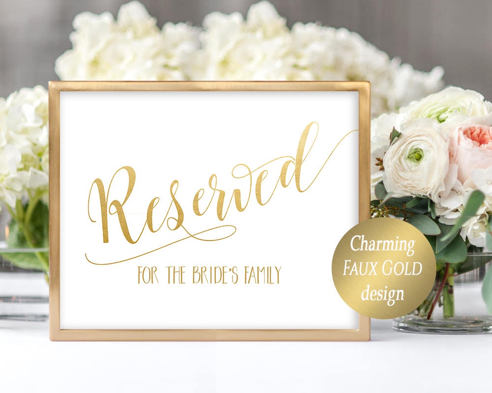 Reserved Sign Template Editable Reserved Printable Wedding Sign Reserved Table Sign DIY Wedding Faux Gold Design Reserved for Family Sign
