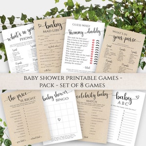 Sjabloon babyshowerspellen, set van 8 moderne spelkaarten babyshower, babybingo, afdrukbare spellen, Baby Mad Libs, baby ABC, de prijs is goed