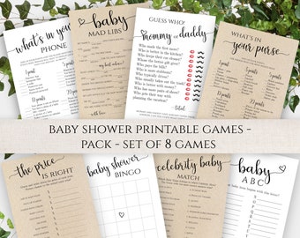 Baby Shower Games Template, Set of 8 Modern Baby Shower Game Cards, Baby Bingo, Printable Games, Baby Mad Libs, Baby ABC, The Price is Right