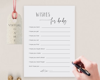 Pode incluir: Um cartão de jogo de chá de bebê imprimível com o texto "WISHES for baby" e uma lista de desejos para o bebê, como "Espero que você aprenda", "Espero que você consiga", "Espero que você ame", "Espero que você possa", "Espero que você encontre", "Espero que você ria de", "Espero que você crie", "Espero que você não tenha medo", "Espero que você nunca esqueça", e "E espero que você".