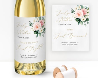 Wine Labels First Anniversary Wine Label Bridal Shower Gift Wine Bottle Labels Milestones Wine Labels Custom First Marriage Blush Coral Boho
